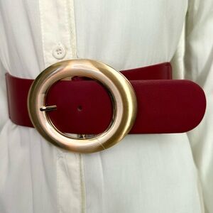 Burgundy PU leather elastic waistband belt with gold tone oval buckle